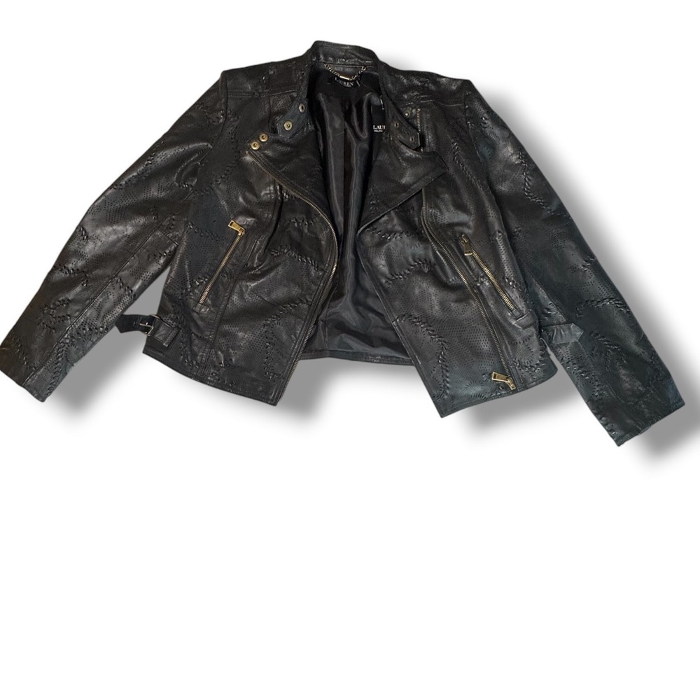 Ralph Lauren Moto Jacket NEW Women 8 Black Laser Cut Leather Biker Chic Luxury - Picture 12 of 12